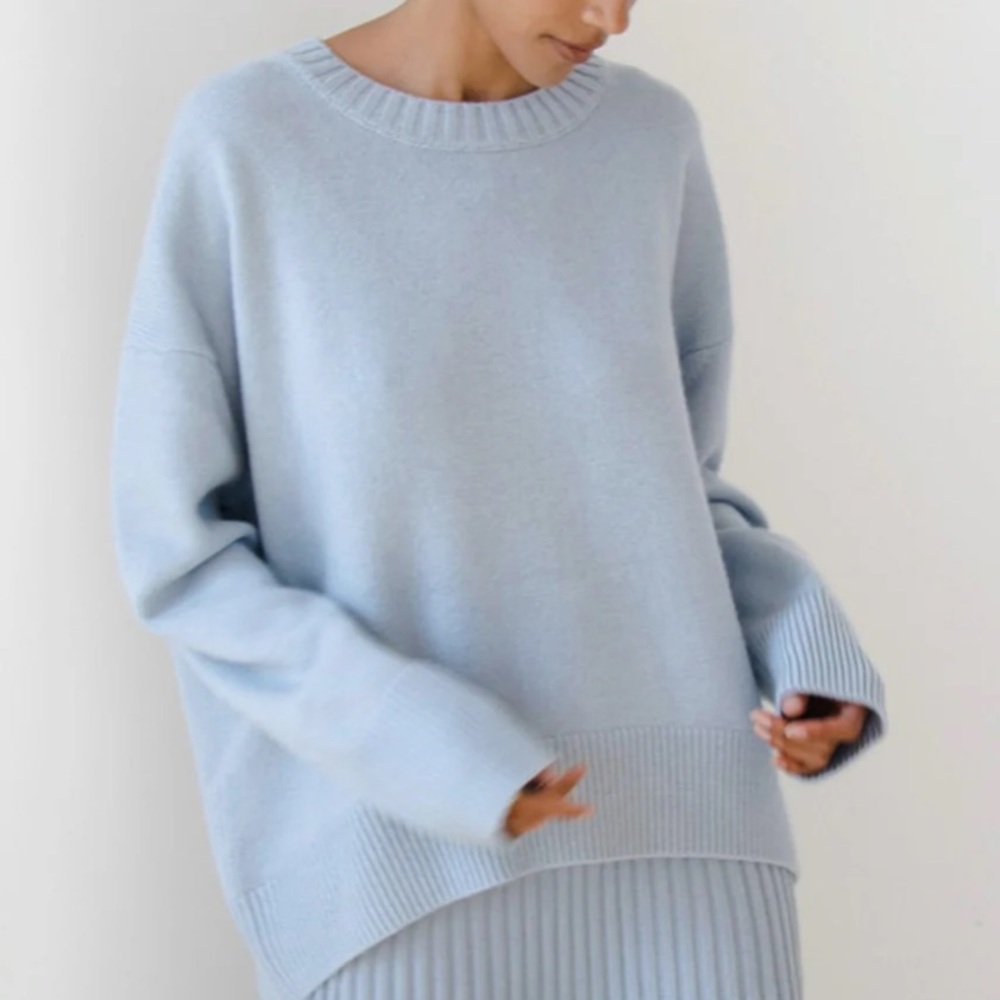Commense Blue Crew Neck Sweater with Ribbed Detailing